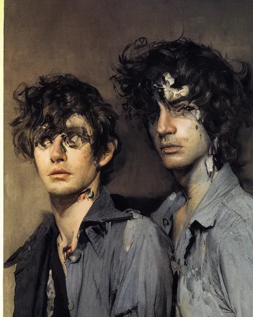 Image similar to two handsome but sinister young men in layers of fear, with haunted eyes and wild hair, 1 9 7 0 s, seventies, wallpaper, a little blood, moonlight showing injuries, delicate embellishments, painterly, offset printing technique, by coby whitmore, jules bastien - lepage