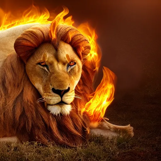 Image similar to a ram horns with a lion's mane on fire snake body 4k