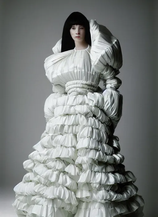 Prompt: an early 0 0's digital portrait of a beautiful girl detailed features wearing a wedding dress with a puffy skirt utility - chic trend. lots of zippers, pockets, synthetic materials, jumpsuits. by balenciaga and issey miyake by ichiro tanida and mitsuo katsui