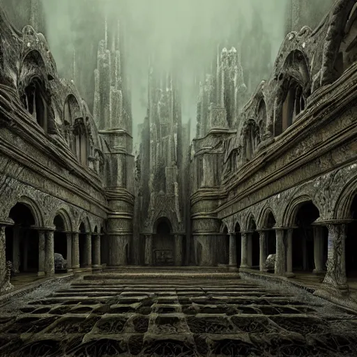 Image similar to gothic georgian temple manor, baroque in the style of h. r. giger and zdzisław beksinski, demons, decaying, fog mist, 8 k, artstation, unreal engine, octane render, hdr, sci - fi, surrealistic digital art, dystopian, hyperrealism, glow, concept art, grand scale, photorealistic rendered in octane