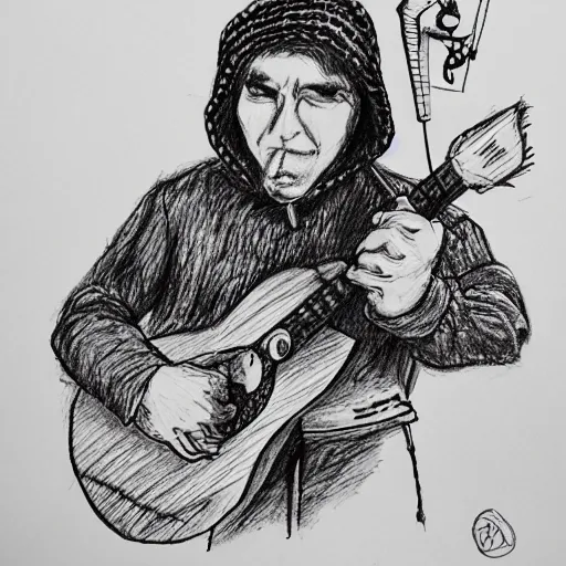 Prompt: ballpoint pen drawing of the humanoid dragon playing wearing russian hat ushanka and playing russian guitar balalaika,