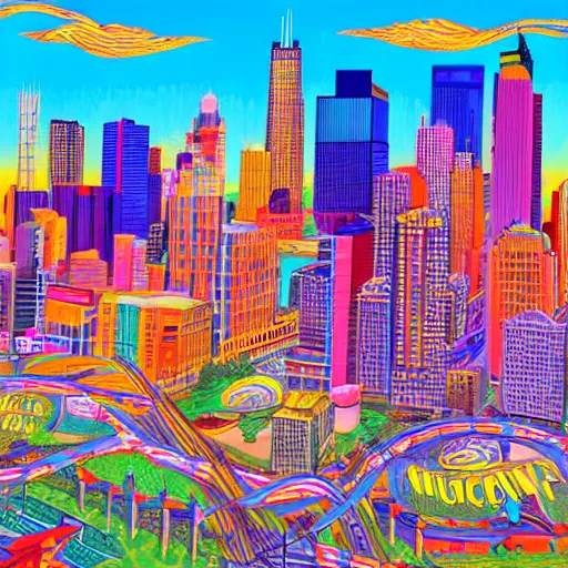 Image similar to queen of michigan invades chicago, illustrated by lisa frank, wide angle, scenic, radiant