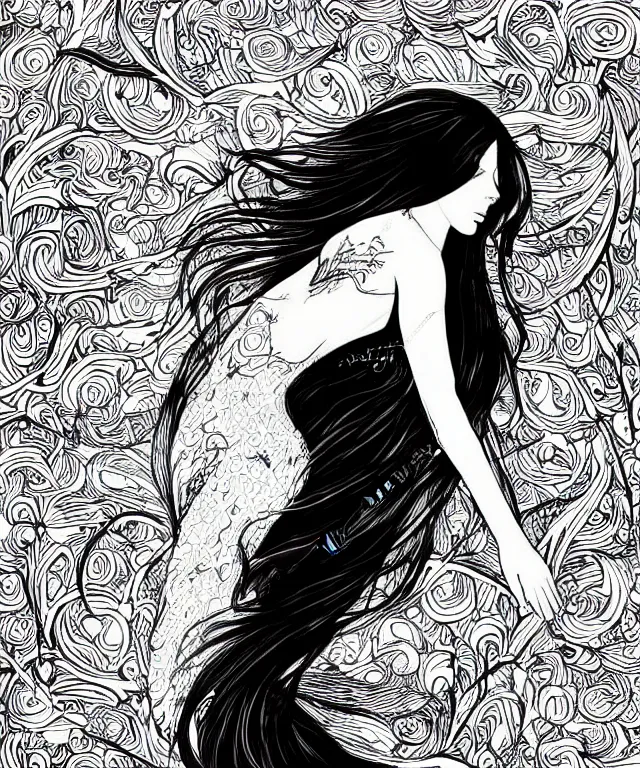 Image similar to black and white illustration, creative design, beautiful mermaid, full body, flowing hair