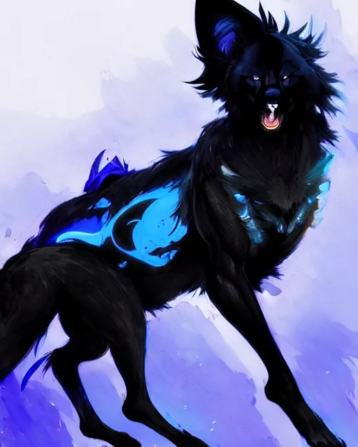 Image similar to concept art of a black wolf with blue neon wings, highly detailed painting by dustin nguyen, akihiko yoshida, greg tocchini, 4 k, trending on artstation, 8 k