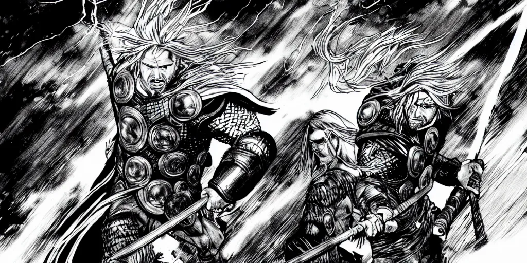 Image similar to thor with blond hair catches lightning and holds an ax in an epic battle with storm clouds with faces monsters by tsutomu nihei, black and white, epic battle background, comic, cinematic