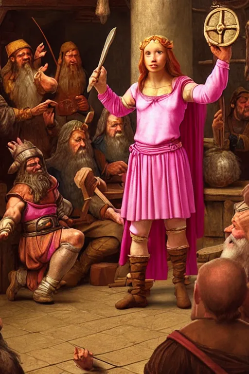 Prompt: dwarfish cleric wearing a pink tutu, holding a holy symbol, he is preaching. the background is a friendly tavern. The mood is friendly and welcoming. dungeons and dragons, highly detailed, matte painting, artstation, concept art, sharp focus, illustration, art by Leonardo da Vinci and Michelangelo and Botticelli