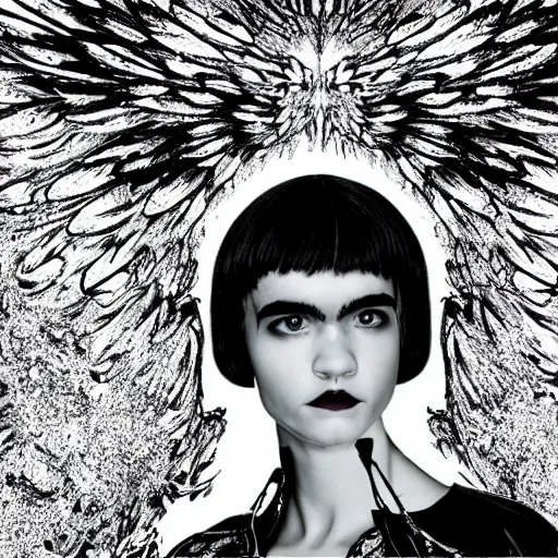 Image similar to a monochrome symmetric wide shot of Grimes as a fallen angel, sitting in a large glittery hell simulation with skulls and computer code