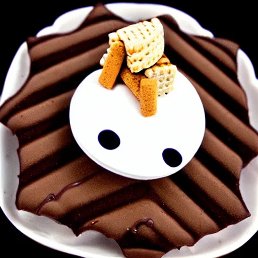 Image similar to drew barrymore inside smore!, bionic scifi, chocolate and graham cracker background