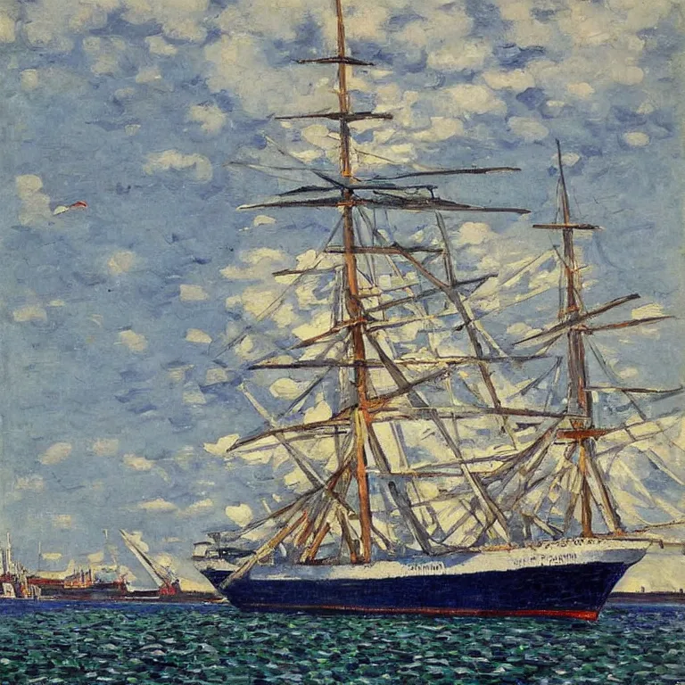 Image similar to a master gouache painting of a big ship docked at the harbor, sharp focus, very detaied, by gustave caillebottet