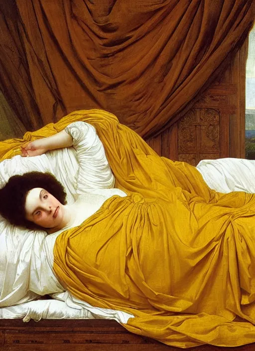 Image similar to masterpiece portrait of lady reclining on bed, rococo flowing cloth in wind raising twisting rising sheets floating in wind flying, wearing yellow ochre ornate medieval dress, vertical, foreshortening, colour photography by frederic leighton, william morris, 8 k