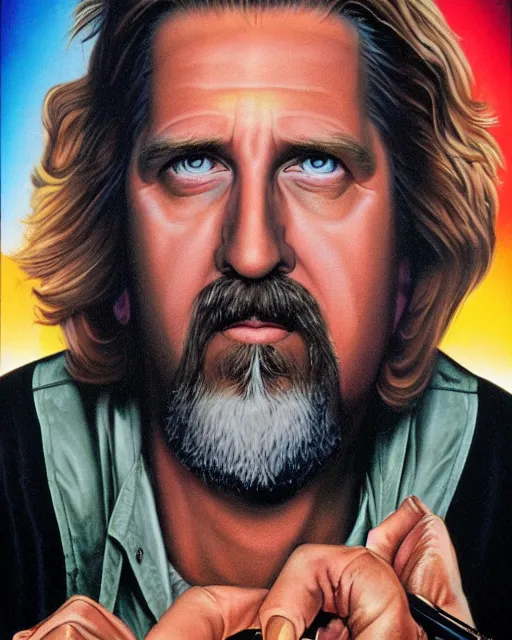 Image similar to the big lebowski, airbrush, drew struzan illustration art, key art, movie poster