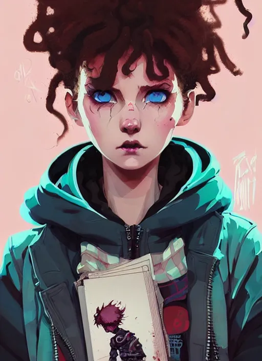 Prompt: highly detailed portrait of a sewer punk lady student, blue eyes, tartan hoody, curly hair by atey ghailan, by greg rutkowski, by greg tocchini, by james gilleard, by joe fenton, by kaethe butcher, gradient pink, brown, light blue and white color scheme, grunge aesthetic!!! ( ( graffiti tag wall background ) )