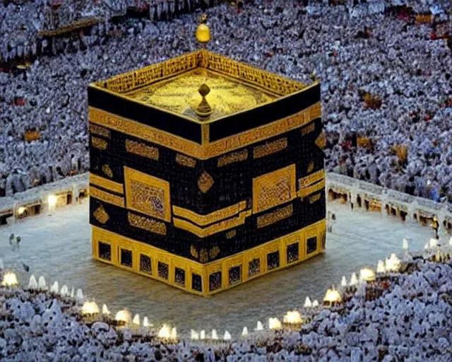 Image similar to The Kaaba (Arabic: ٱلْكَعْبَة, romanized: al-Kaʿbah, lit. 'The Cube', Arabic pronunciation: [kaʕ.bah]), also spelled Ka'bah or Kabah, sometimes referred to as al-Kaʿbah al-Musharrafah (Arabic: ٱلْكَعْبَة ٱلْمُشَرَّفَة, romanized: al-Kaʿbah al-Musharrafah, lit. 'Honored Ka'bah'), is a building at the center of Islam's most important mosque, the Masjid al-Haram in Mecca, Saudi Arabia.[1][2] It is the most sacred site in Islam.[3] It is considered by Muslims to be the Bayt Allah (Arabic: بَيْت ٱللَّٰه, lit. 'House of God') and is the qibla (Arabic: قِبْلَة, direction of prayer) for Muslims around the world when performing salah.