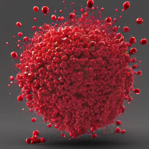 Prompt: Exploding cherry, 3d render, white background, realistic explosion