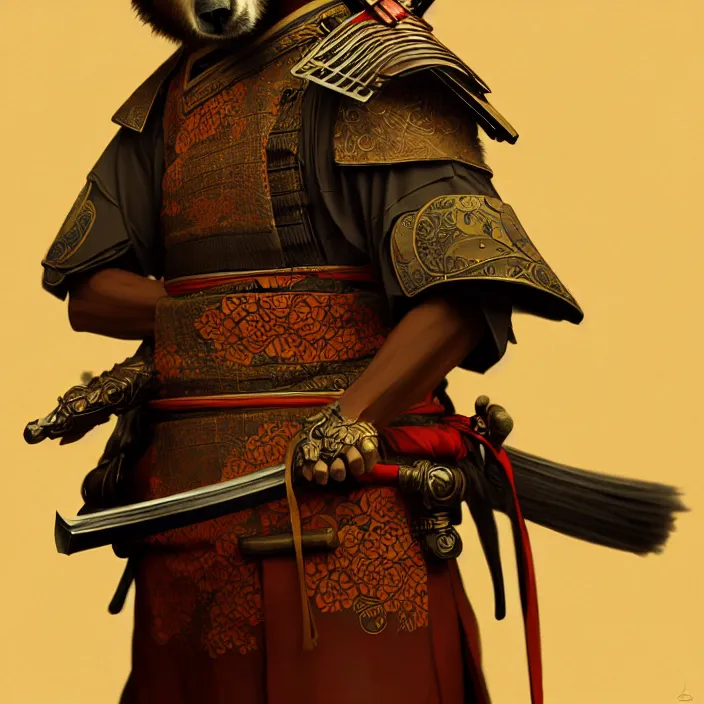 Prompt: anthropomorphic samurai bear, diffuse lighting, fantasy, intricate, highly detailed, lifelike, photorealistic, digital painting, artstation, illustration, concept art, smooth, sharp focus, art by alphonse mucha