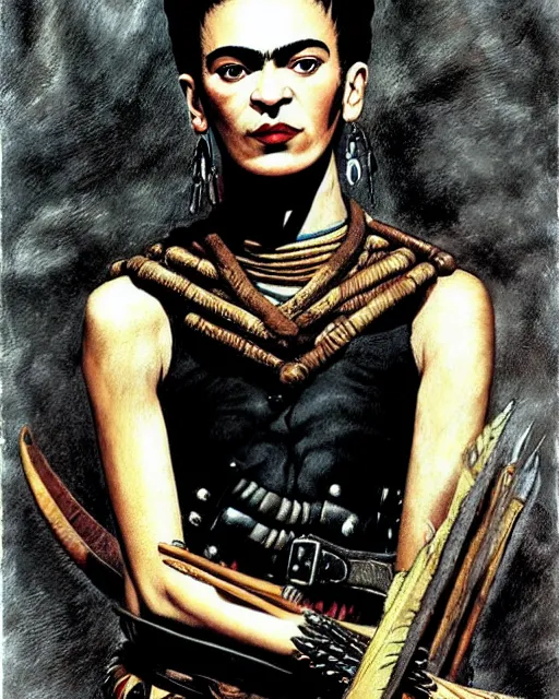 Prompt: portrait of a skinny punk frida kahlo wearing armor by simon bisley, john blance, frank frazetta, fantasy, thief warrior