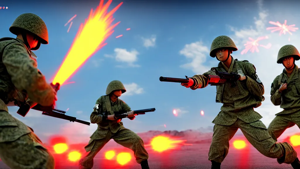 Image similar to two futuristic japanese soldiers firing away from the camera, eye catching composition, realistic, unreal engine 5, global illumination, detailed environment, bright colours, cinematic, atmosphere, 4 k