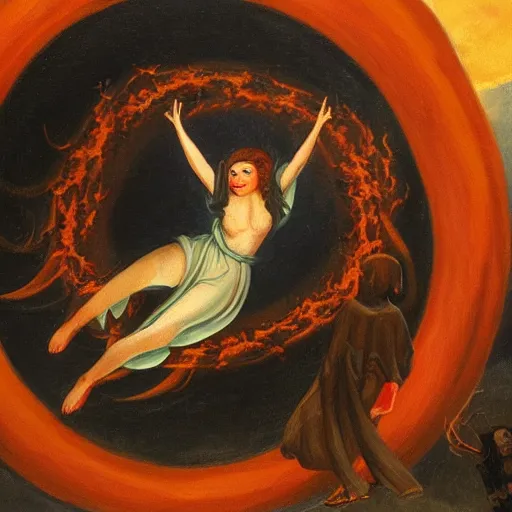 Prompt: painting of a woman falling into a portal of hell with demons surrounding her