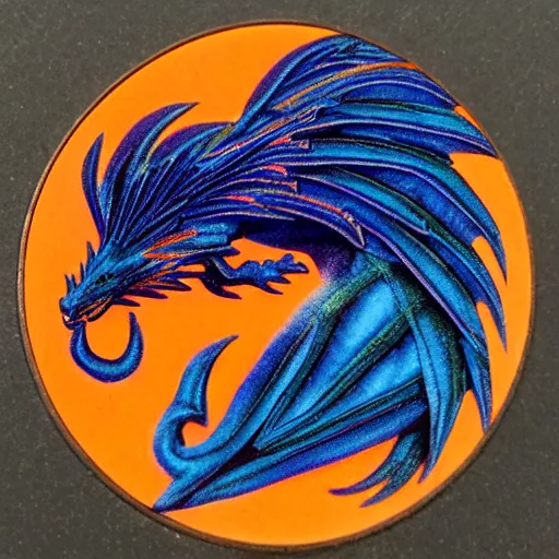 Image similar to indigo dragon with raven wings and holographic scales shimmering gold with deep orange background ultrarealistic 1 5 0 mpx
