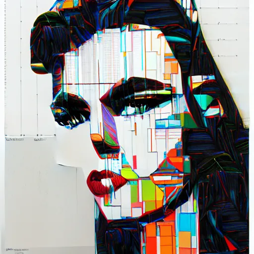 Image similar to woman seen in profile, made out of microsoft excel chart lines and graphs, white background, simple, sandra chevrier, rik oostenbroek