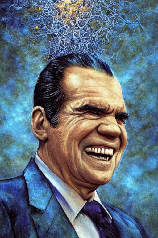 Image similar to Richard Nixon, tarot card, by tomasz alen kopera and Justin Gerard, expensive suit, big smile, cell phone, piercing eyes, symmetrical features, ominous, magical realism, texture, intricate, ornate, royally decorated, whirling blue smoke, embers, radiant colors, fantasy, trending on artstation, volumetric lighting, micro details, 3d sculpture, ray tracing, 8k, anaglyph effect