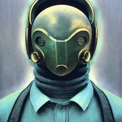 Prompt: portrait of masked diesel punk on the art deco streets of the big city, artstation, award-winning realistic sci-fi concept art by Beksinski, Picasso masterpiece, complimentary colors, James Gilleard, Bruegel, Greg Rutkowski, Alphonse Mucha, and Yoshitaka Amano