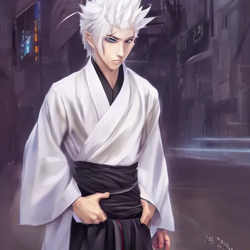 Prompt: white haired parted down the middle, wearing white hakama anime man, with black sclera, with dragon tattoo, full body portrait made by Stanley Artgerm, WLOP, Rossdraws, James Jean Andrei Riabovitchev, Marc Simonetti, Yoshitaka Amano, Artstation