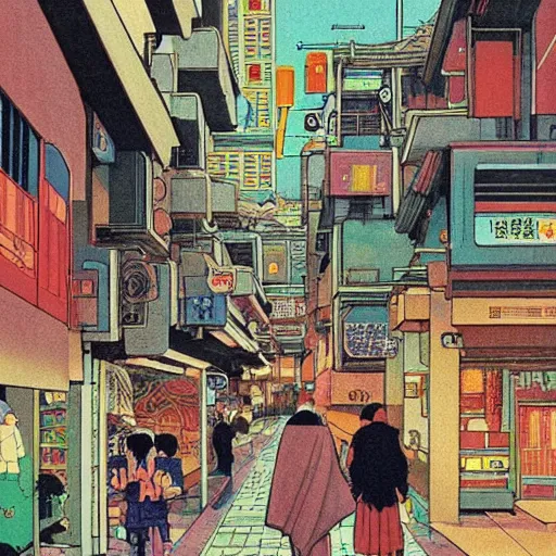 Image similar to 1979 travel magazine cover depicting a futuristic Japanese village at street level. Art in the style of Moebius, cyberpunk, masterpiece