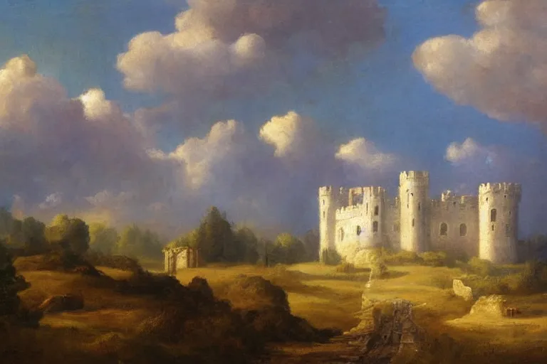 Prompt: Castle just made of clouds, celestial light, divine, in the style of Wylie Beckert