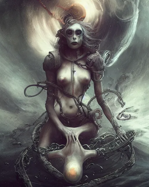 Prompt: realistic photo of a being shackled in the void, by akihiko yoshida and cgsociety. stunning goddess of speed charlie bowater and tom bagshaw, insanely detailed, artstation, space art. atoms surrounded by skulls and spirits deep under the sea, horror, sci - fi, surrealist painting, by peter mohrbacher