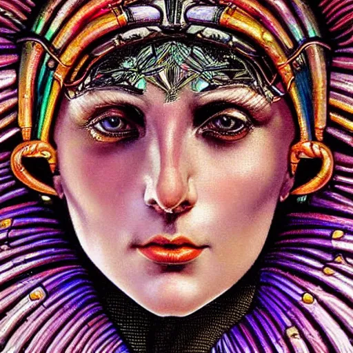 Image similar to close - up renaissance portrait of an iridescent art deco lady gaga, reflective detailed textures, highly detailed fantasy science fiction painting by moebius, norman rockwell and william holman hunt. modern industrial shaman, rich colors, high contrast. artstation