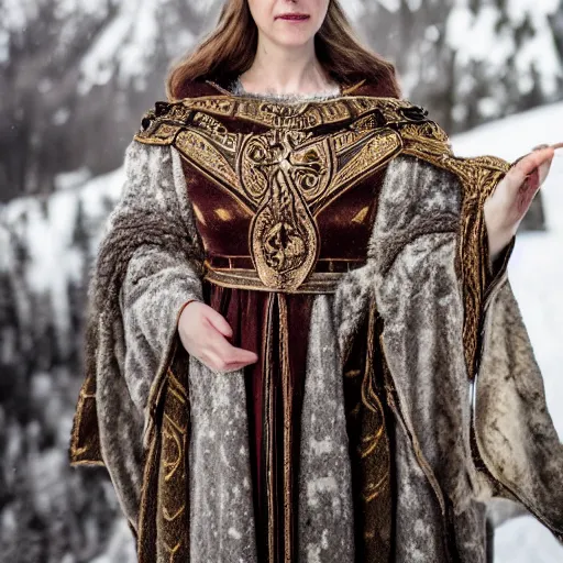 Image similar to photo of a real-life beautiful nordic queen with ornate cloak and crown