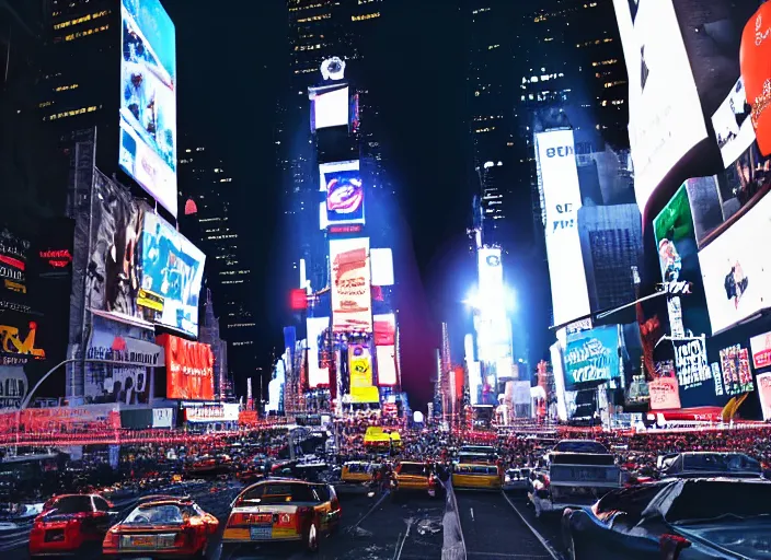 Image similar to film still of the moon shattering into pieces over time square in the new disaster movie, 8 k, night time