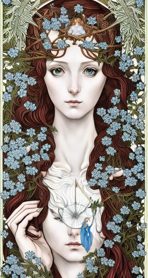 Image similar to the Goddess of Winter, in a mixed style of Botticelli and Æon Flux, inspired by pre-raphaelite paintings and shoujo manga, surrounded by flora and fauna, hyper detailed, stunning inking lines, flat colors, 4K photorealistic