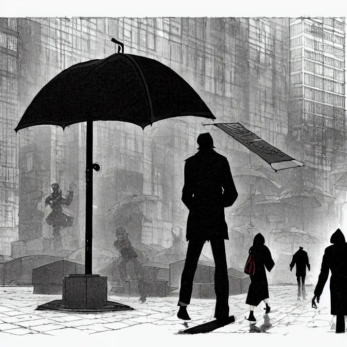 Prompt: sales stall selling umbrellas, in a square, pedestrians walk past. background of old soviet monument. storyboard, scifi cyberpunk. by gabriel hardman, joe alves, chris bonura. cinematic atmosphere, detailed and intricate, perfect anatomy