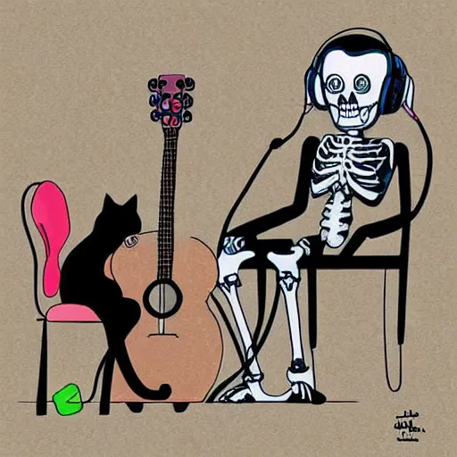 Image similar to skeleton wearing headphones watching girl playing guitar with her black cat standing next to her, digital art