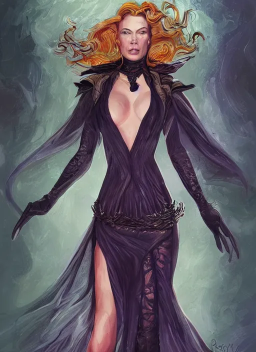 Image similar to beautiful female witch, rebecca romijn as wicked witch of the west, full body character concept, art nouveau, super powers, fantasy, intricate, elegant, highly detailed, digital painting, artstation, concept art, shining, sharp focus, illustration, art by stanley lau