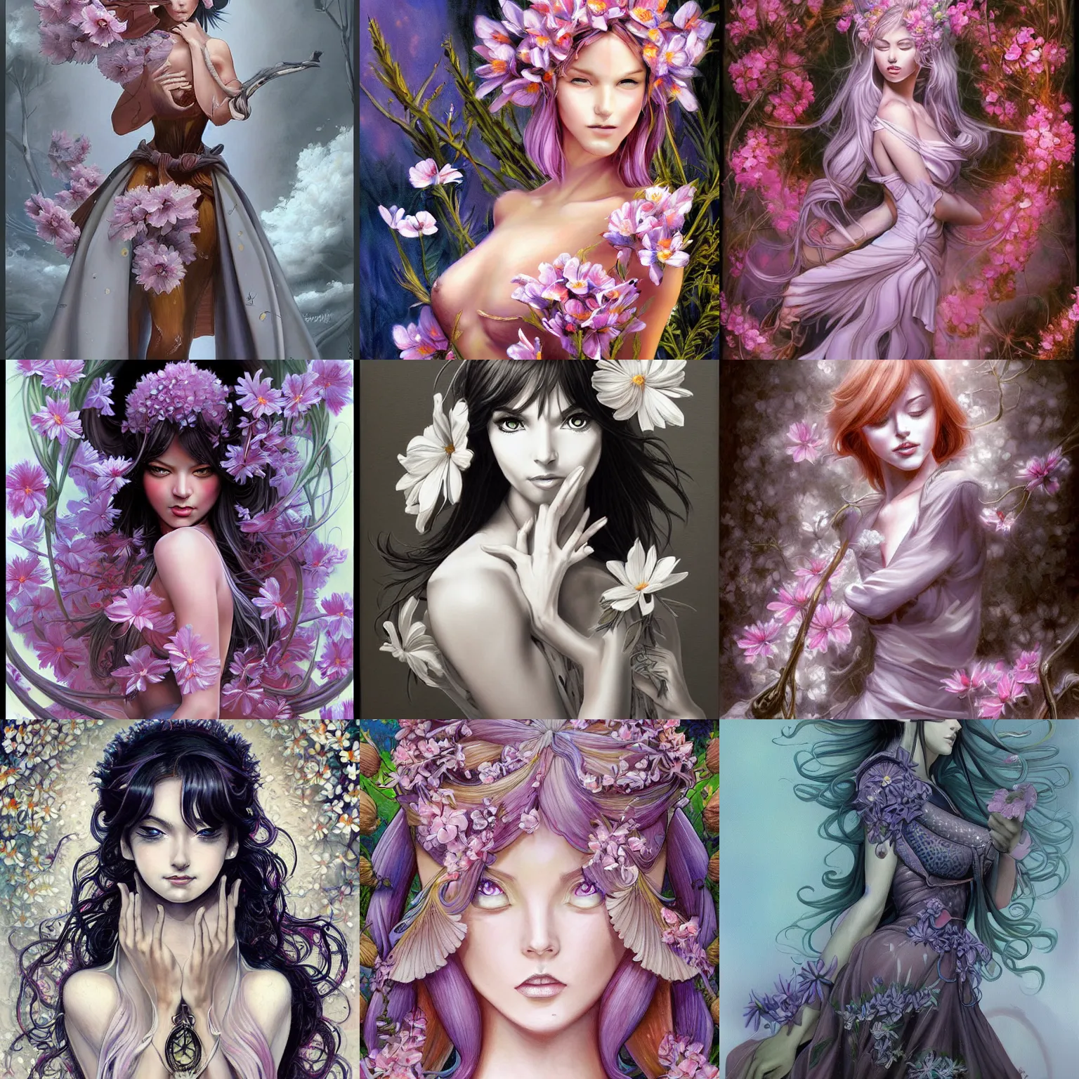 Prompt: a painting of a beautiful 🌸 🌼 💮, an ultrafine detailed painting, by mark brooks, centered full body, featured on deviantart, fantasy art, detailed painting, deviantart, anime