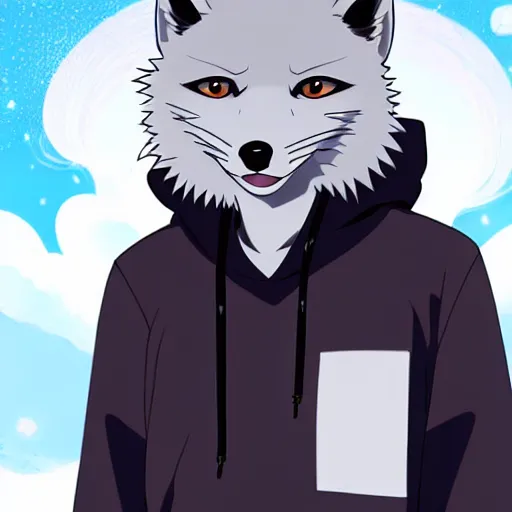Image similar to key anime visual portrait of an anthropomorphic arctic fox fursona in a hoodie, handsome, official modern anime art