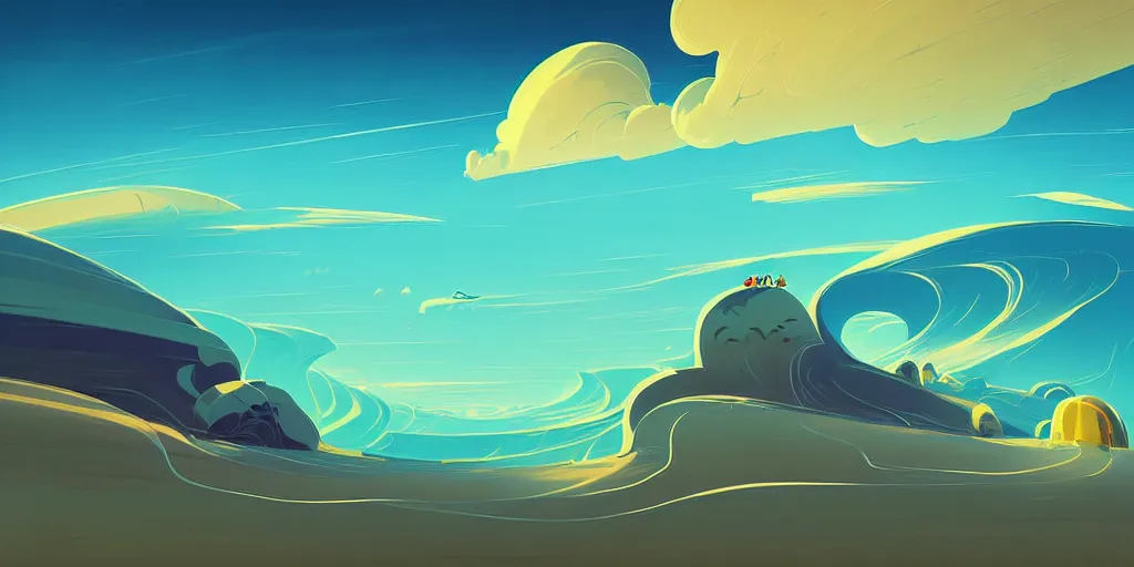 Prompt: curved perspective digital art of a beach with curvy clouds near a high cliff by anton fadeev from nightmare before christmas