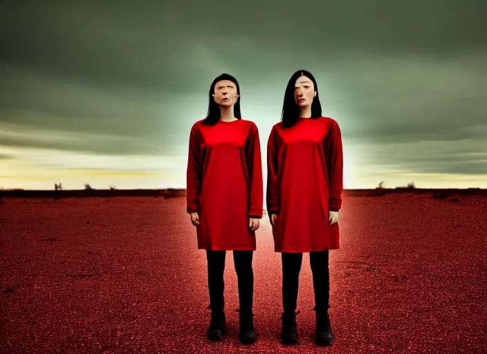 Image similar to cinestill 5 0 d closeup photographic portrait of 2 clones in front of a brutalist metal building, 2 techwear women, on a desolate plain, red sky, black oversized clothes, depth of field, 4 k, 8 k, hd, full color