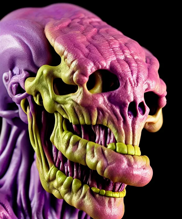 Image similar to hyperrealistic rendering, cronenberg flesh monster skeletor by art of skinner and richard corben and jeff easley, product photography, action figure, sofubi, studio lighting, colored gels