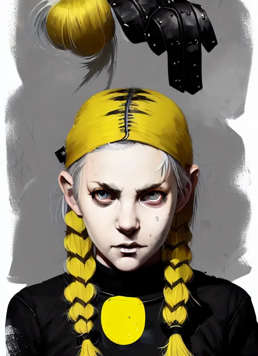 Image similar to highly detailed closeup portrait of a sewer punk pretty swedish female road warrior student, tartan garment, blonde hair pigtails with headband by atey ghailan, by greg rutkowski, by greg tocchini, by james gilleard, by joe fenton, by kaethe butcher, gradient yellow, black, brown and white color scheme, grunge aesthetic!!! white graffiti tag wall background