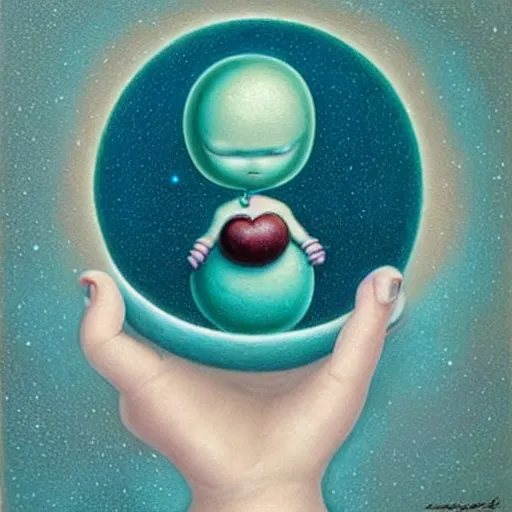 Prompt: a cute alien teal ’ c holds the universe in his hand, an ultrafine detailed painting by mark ryden, trending on deviantart, pop surrealism, whimsical, lowbrow, grotesque