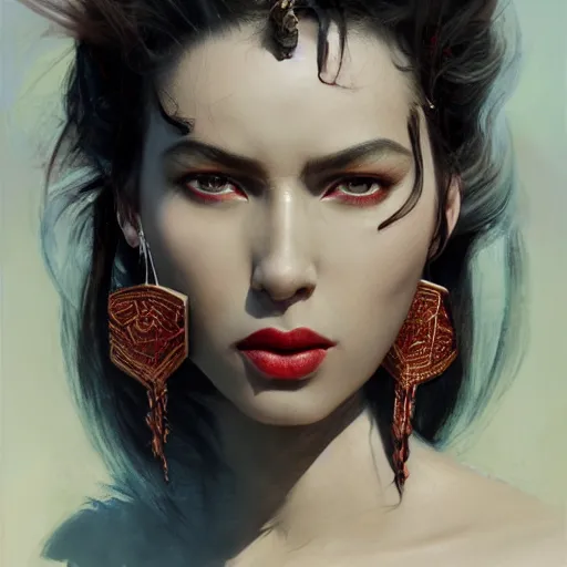 Image similar to detailed oil portrait of tall hyper - muscular shining bronze - skinned warrior woman with silver eyes, with long wavy flowing black hair and big gold earrings, jewelry, red lipstick, makeup, feminine, volumetric lighting, dynamic composition, art by sachin teng and sergey kolesov and ruan jia and heng z, scifi, concept art