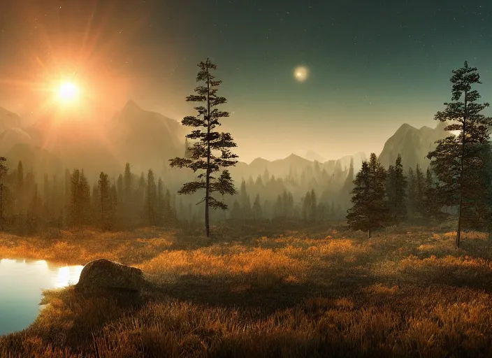 Image similar to epic crystalline forest with a lake, rooster, golden hour, misty ground, rocky ground, distant mountains, atmospheric perspective, altostratus clouds, planets, cinematic, 3 5 mm lens, anamorphic lens flare, photographic, octane render, cinematography by roger deakins, in the style of ansel adams