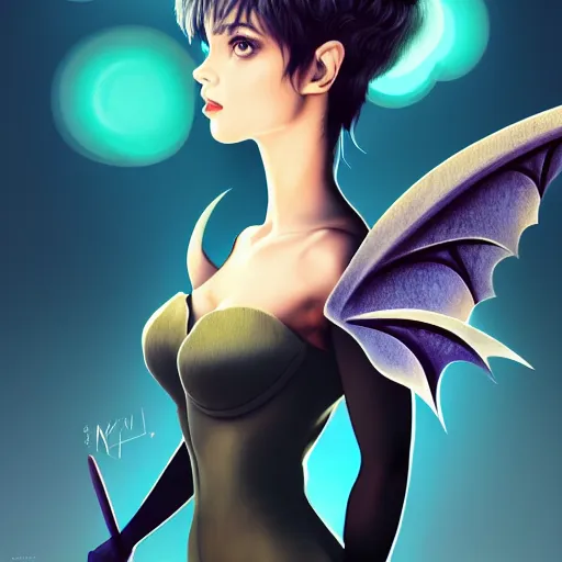 Image similar to 3 / 4 view of a portrait of pixie woman with bat wings, confident pose, pixie, genshin impact,, intricate, elegant, sharp focus, illustration, highly detailed, concept art, matte, trending on artstation, anime, strong brush stroke, sharp focus, illustration, morandi color scheme, art station, by ilya kuvshinov h 6 4 0