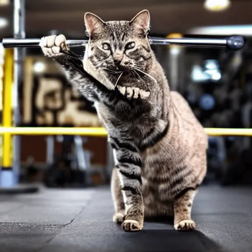 Image similar to an anthropomorphic cat doing deadlifts weight training exercise with a loaded barbell at a gym