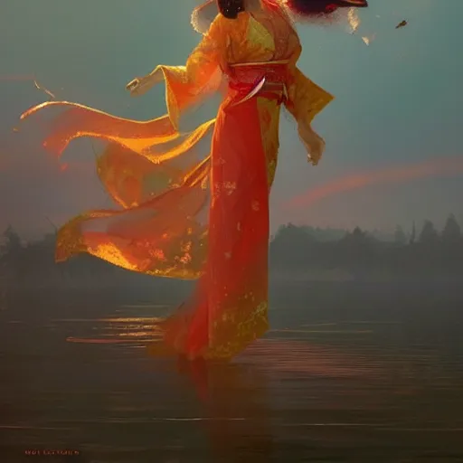 Image similar to beautiful geisha flying over a lake filed with molten gold, volume lighting, concept art, by greg rutkowski, dramatic, xray melting colors!!