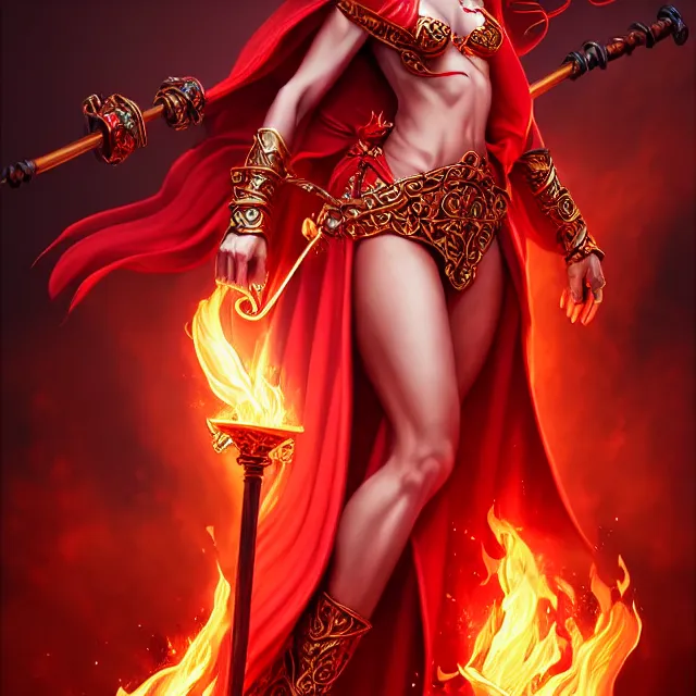 Image similar to beautiful elemental fire witch with ornate red robes and staff, highly detailed, 8 k, hdr, smooth, sharp focus, high resolution, award - winning photo, artgerm, photorealistic